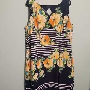 Gabby Skye Navy Sleeveless Fit and Flare Dress With Yellow Flowers/White Stripes